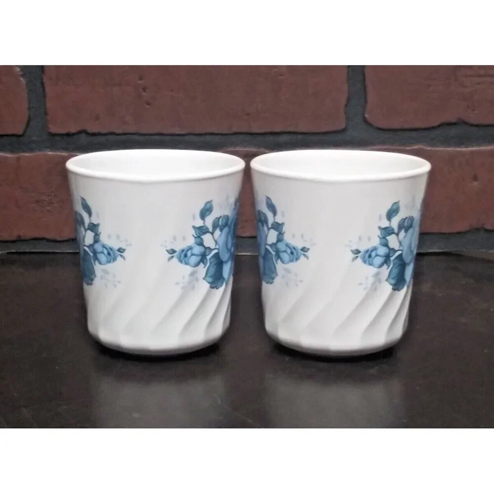 2 Vintage Corning Corelle Mugs Coffee cups Blue Velvet Rose Floral Pattern swirl
